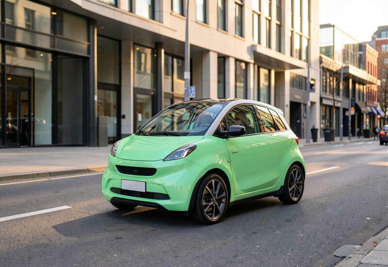 A mint green compact two seater electric car driving along a city street at golden hour