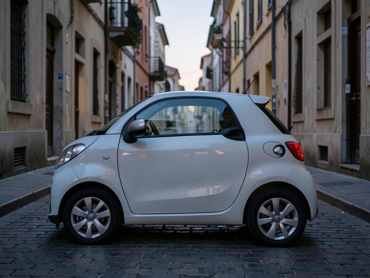 Side profile of a small two seat electric city car parked on a narrow cobbled street at dusk